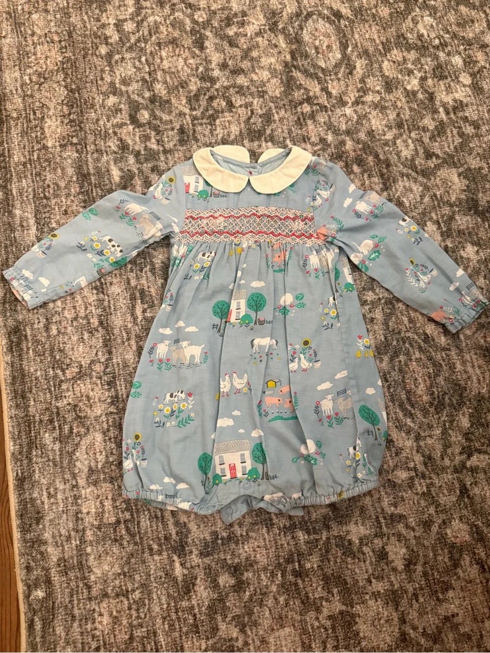 Baby Boden Light Blue Smocked Farm Print Romper